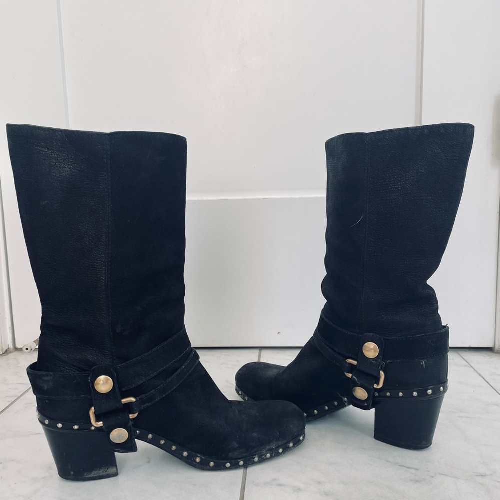 Miu Miu Black Suede Mid-Calf Studded Heel Boots